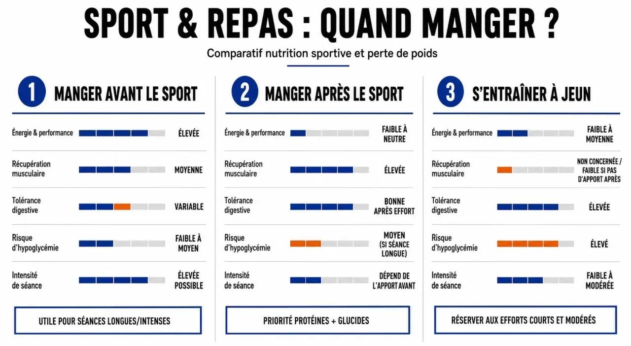 Perte de poids manger avant ou apres le sport : comparaison visuelle entre manger avant, manger après et s’entraîner à jeun