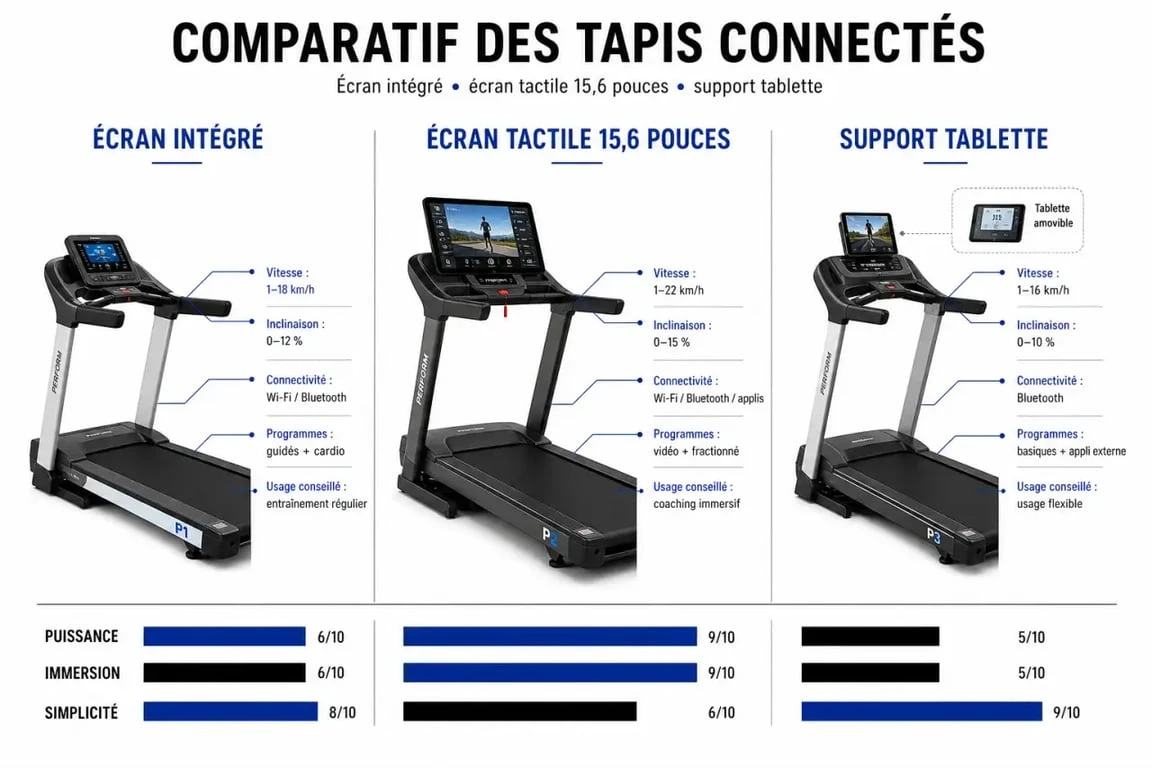 Comparatif tapis de course avec écran : écran intégré, écran tactile et support tablette