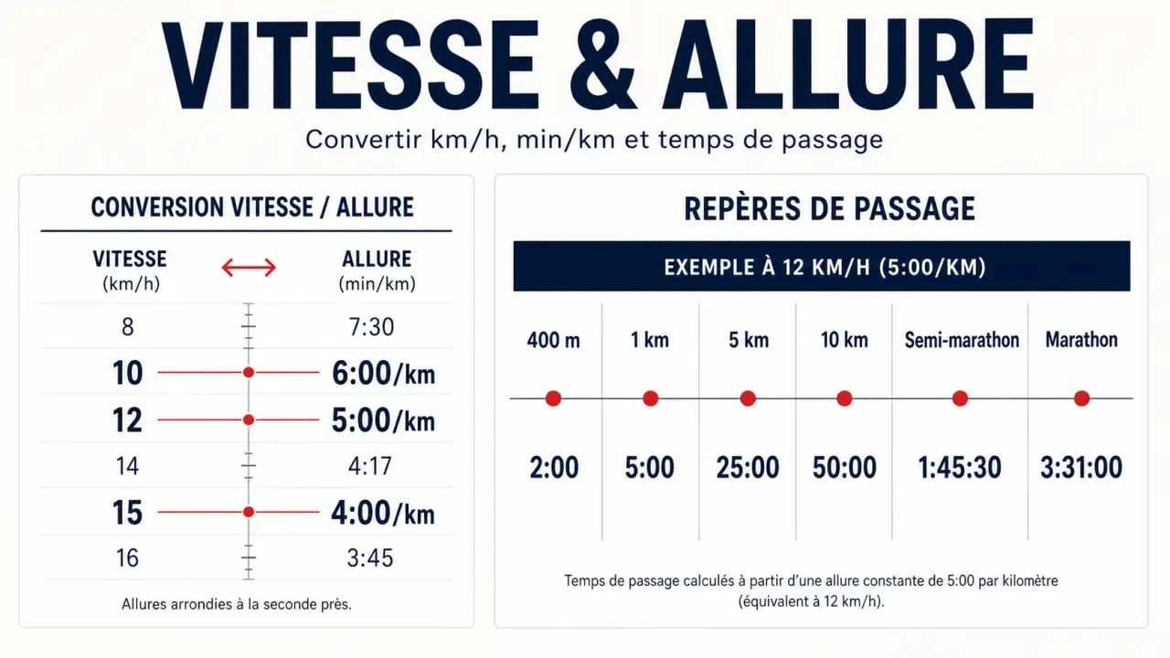 Calcul vitesse course pied : conversion km/h en allure min/km et temps de passage