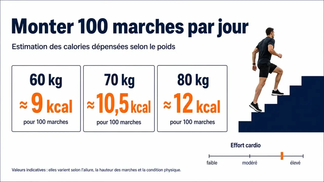 Monter 100 marches par jour calories : illustration éditoriale des calories brûlées selon le poids