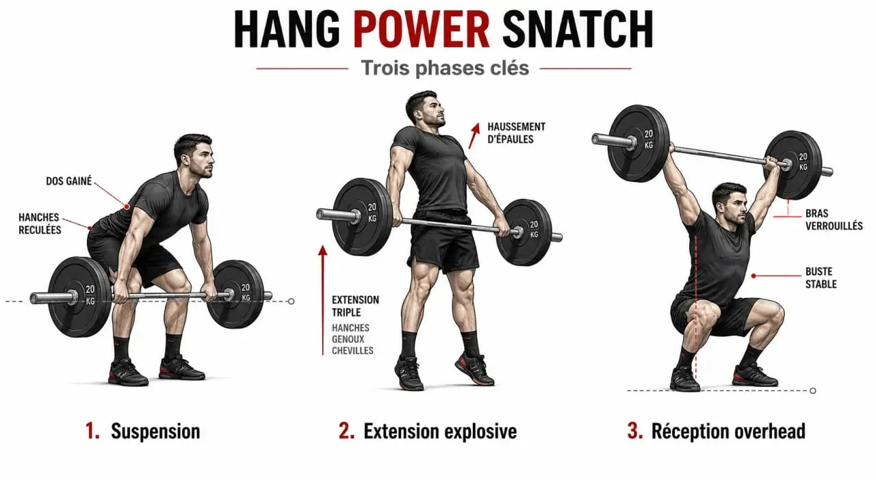 Hang power snatch illustré en trois phases techniques
