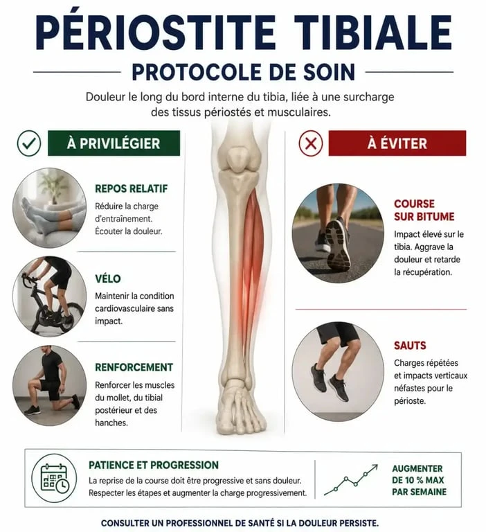 Infographie sur le traitement naturel de la périostite tibiale : gestes à privilégier et à éviter pour une guérison rapide.