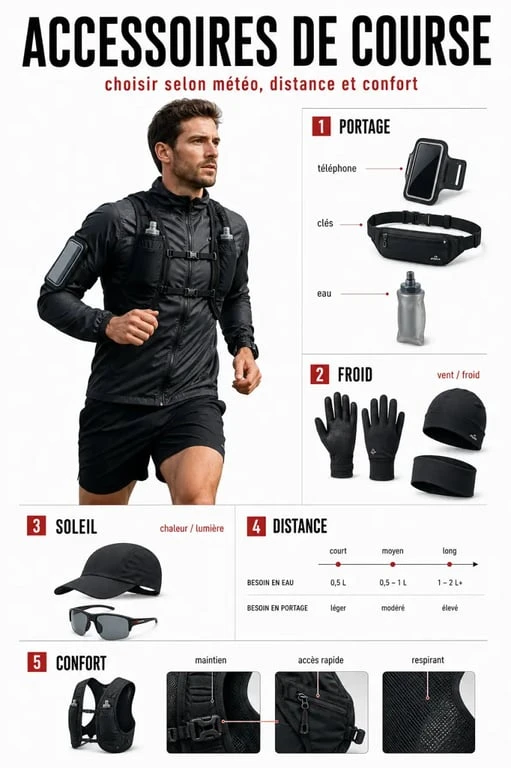 Accessoires course à pied illustrés selon l’usage, la météo et la distance