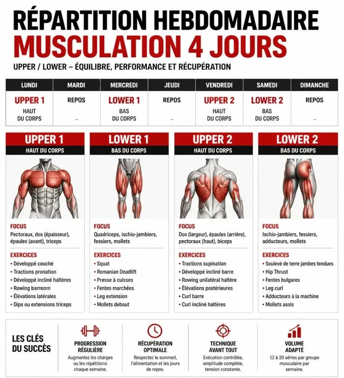Programme musculation 4 fois par semaine resultat répartition hebdomadaire