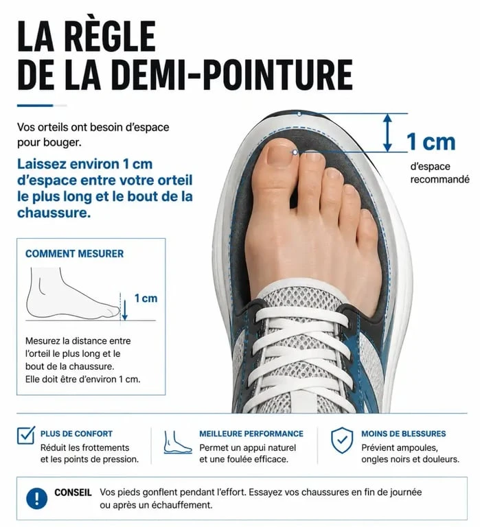 Illustration de la règle de la demi-pointure pour choisir ses chaussures de course à pied femme