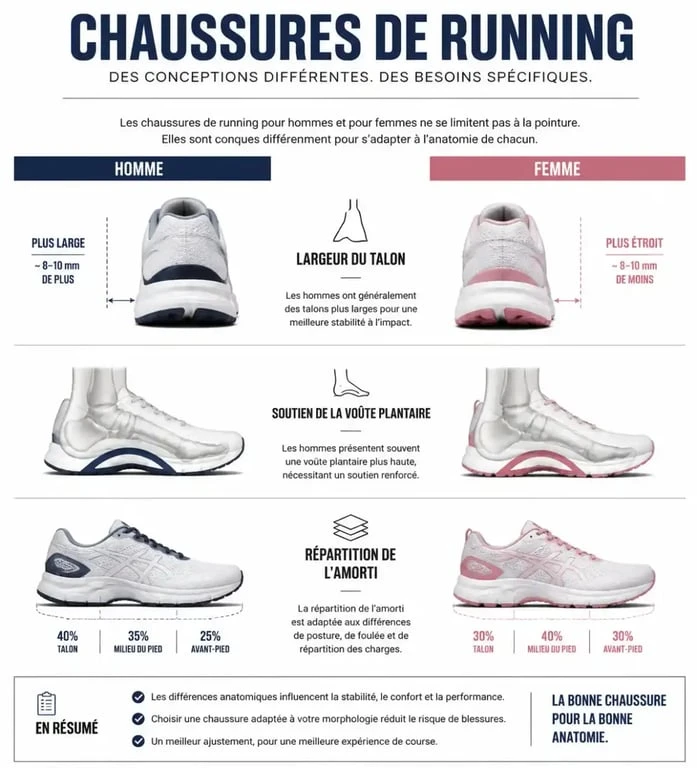 Schéma comparatif des spécificités techniques des chaussures de course à pied femme