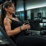 Femme musclee mais pas trop en salle de sport, haltère et posture