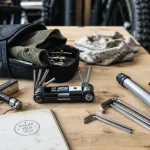Outils velo : multi-outil compact ouvert sur établi, dérive-chaîne et clés Allen