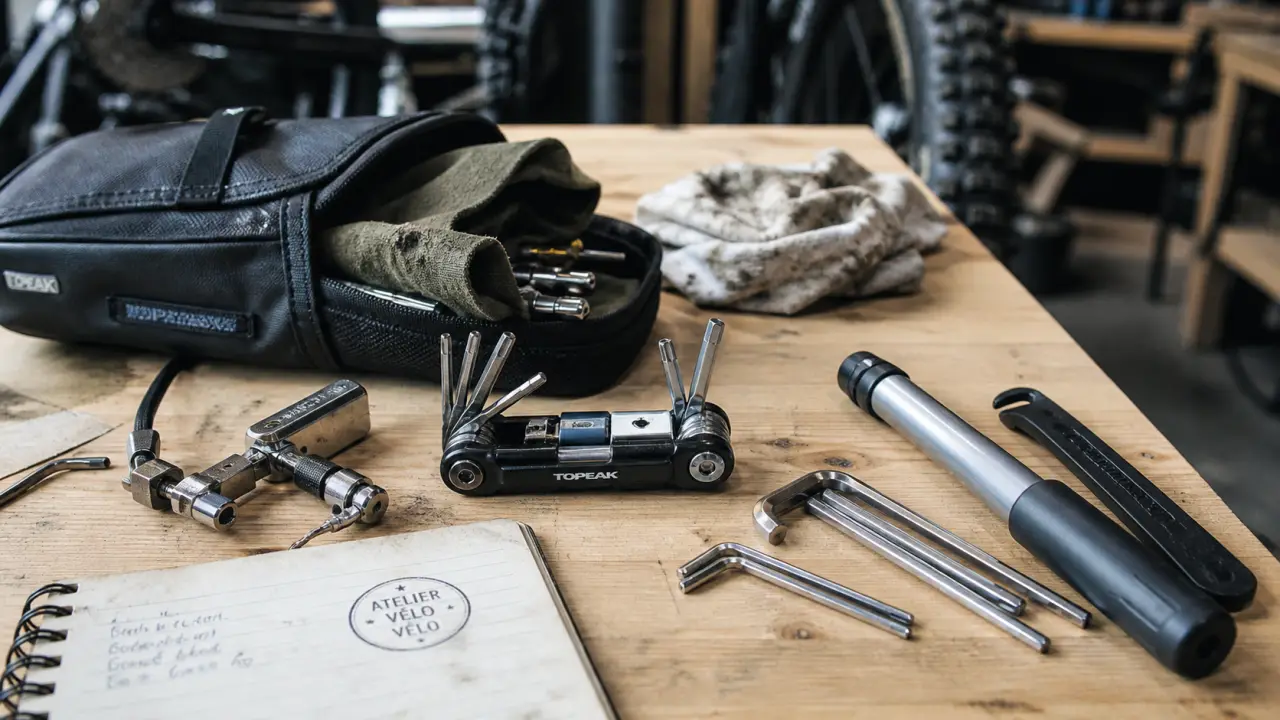 Outils velo : multi-outil compact ouvert sur établi, dérive-chaîne et clés Allen