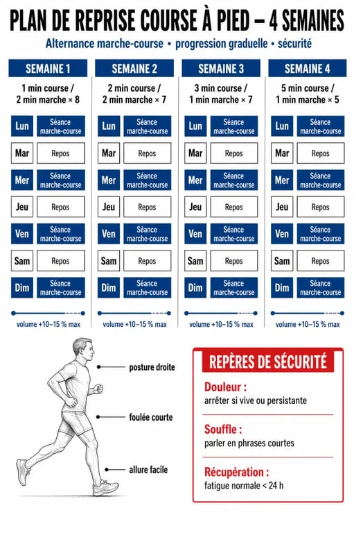 Reprendre la course à pied : plan de reprise sur quatre semaines avec marche-course et signaux d’alerte