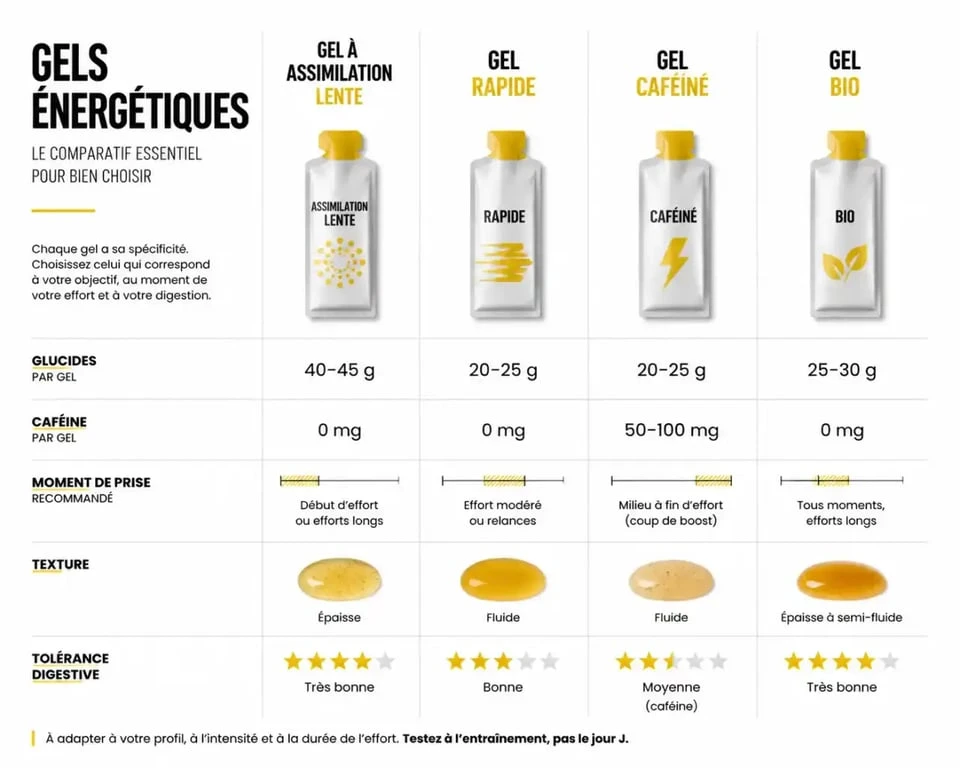 Comparatif gel course à pied selon les glucides, la caféine, l’usage et la tolérance digestive