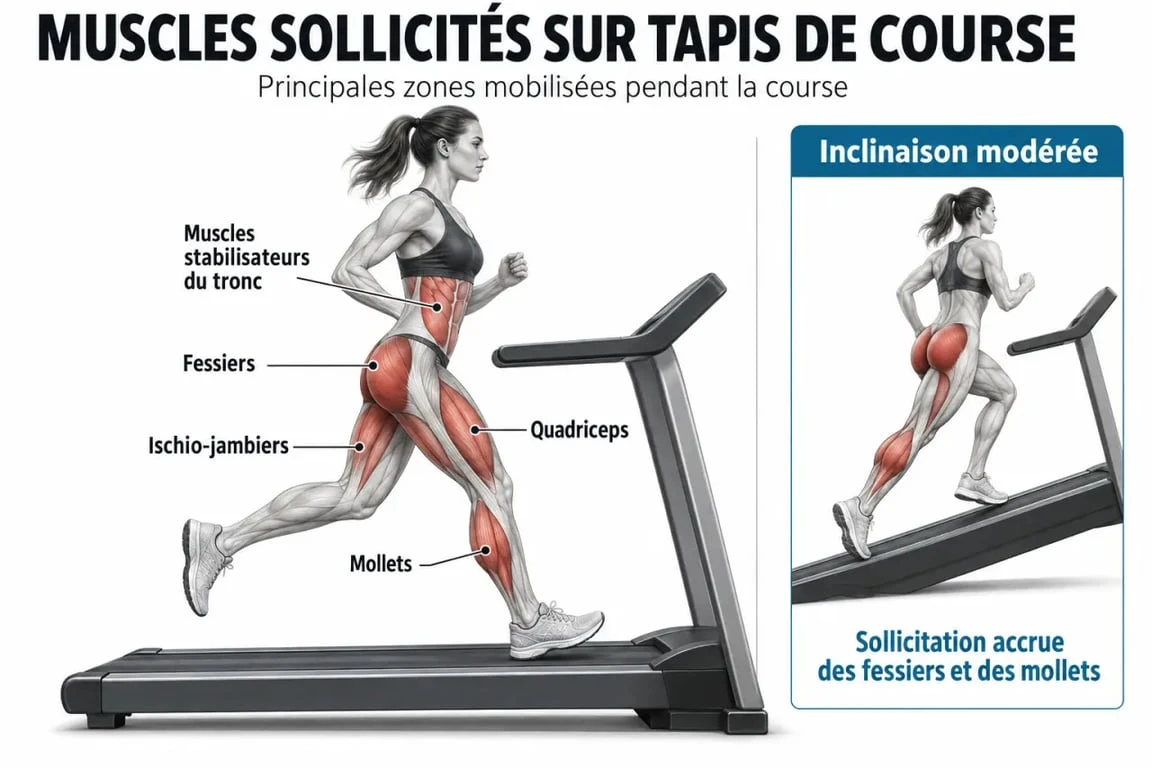 Schéma des muscles sollicités par le tapis de course avec l'inclinaison