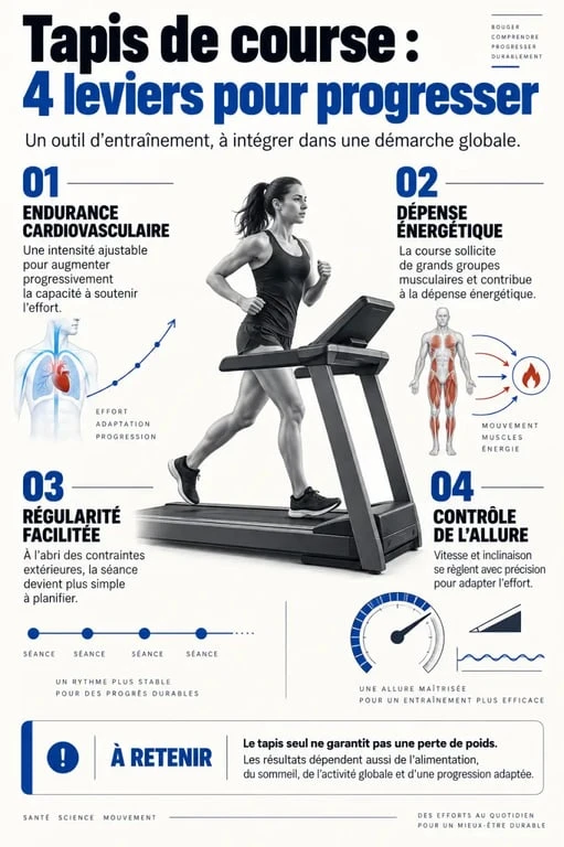 Infographie sur les bienfaits du tapis de course pour l'endurance et la dépense énergétique