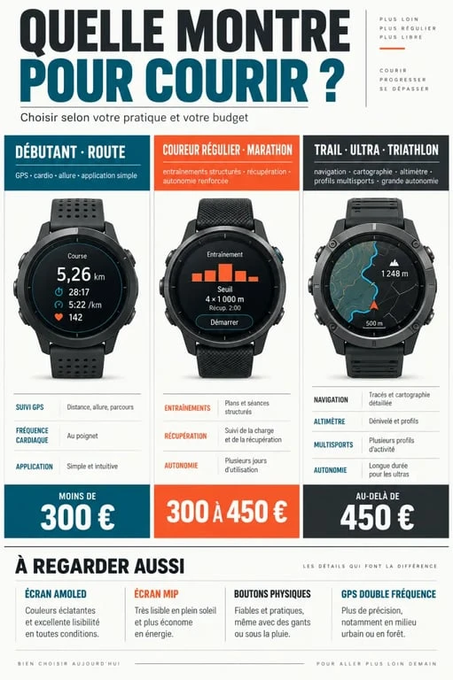 Infographie pour choisir une montre course a pied selon le profil, le budget et les fonctions
