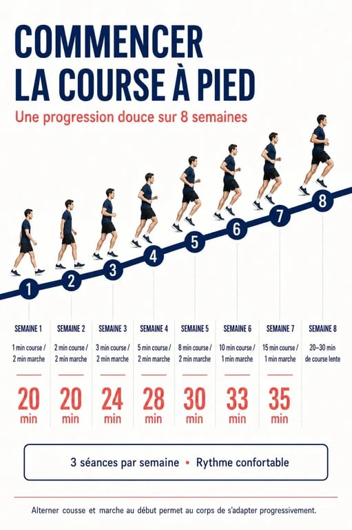 Progression sur 8 semaines pour commencer la course à pied avec alternance marche-course