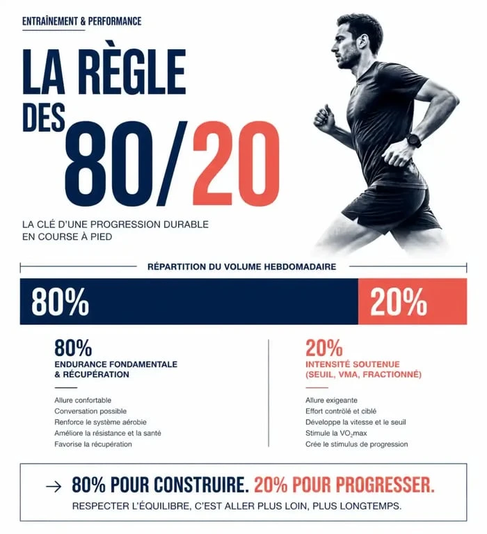 Infographie répartition 80/20 entre endurance fondamentale et intensité en course à pied
