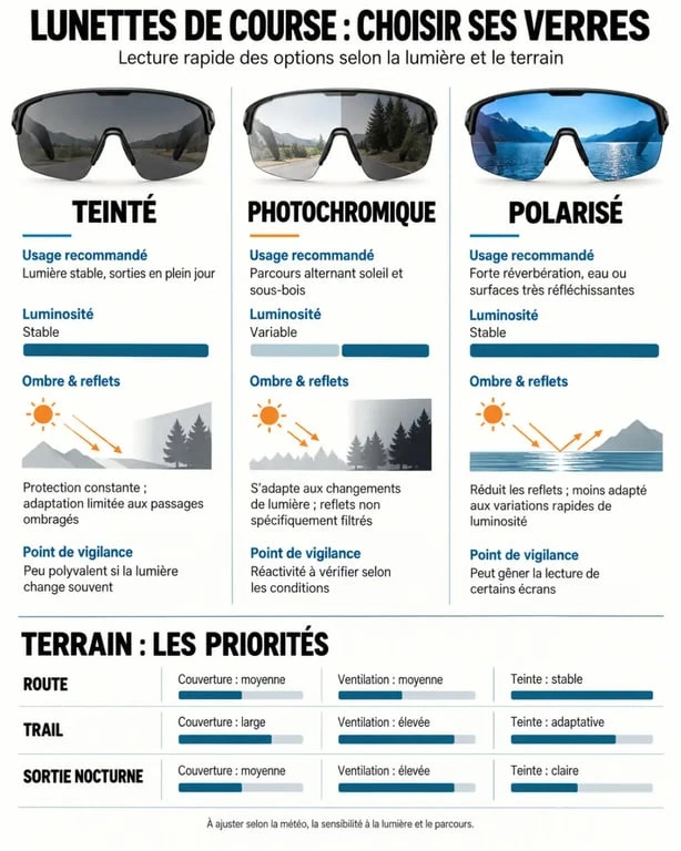 Infographie comparative des lunettes course à pied selon le type de verre et la pratique