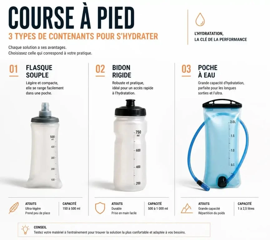 Comparaison des différents types de gourdes de course à pied : flasque souple, bidon rigide et poche à eau.