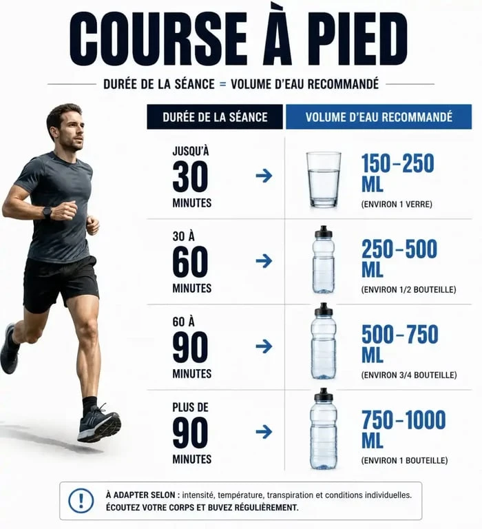 Tableau récapitulatif de la contenance d'une gourde de course à pied selon la durée de l'effort.