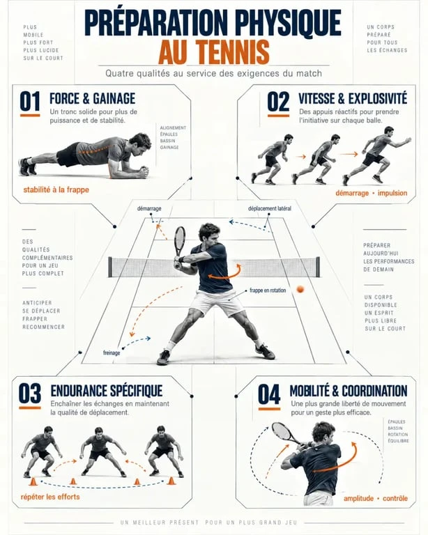 Infographie sur la tennis préparation physique : force, vitesse, endurance et mobilité