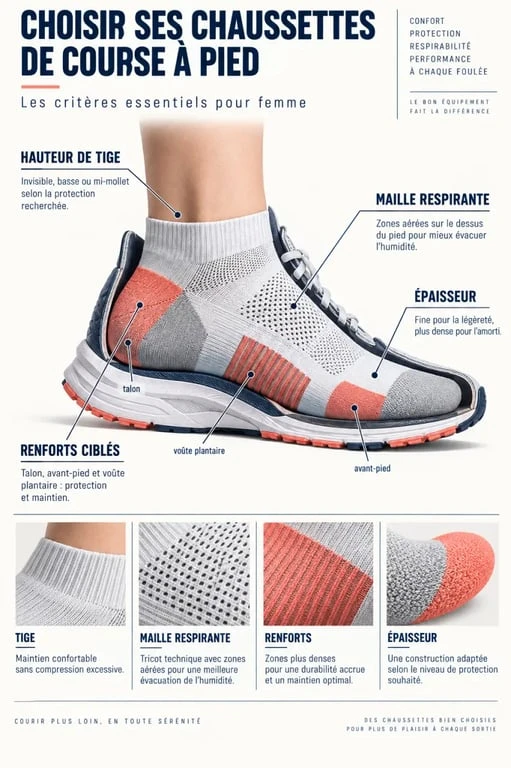 Infographie sur les critères de choix d’une chaussette de course à pied femme