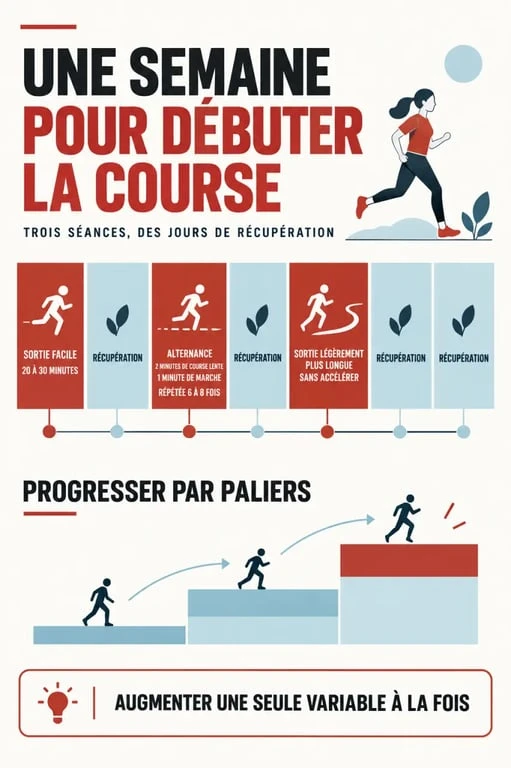 Infographie sur l’entraînement à la course avec semaine type, course-marche et progression progressive