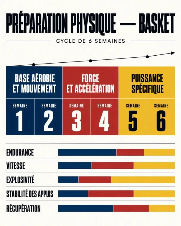 Infographie de préparation physique basket sur un cycle de 6 semaines