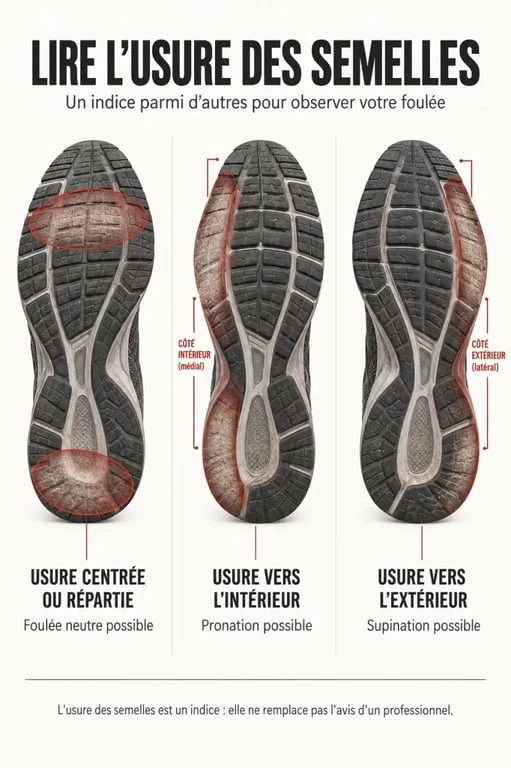 Infographie sur l'usure des semelles de chaussures homme course pied et les indices de foulée