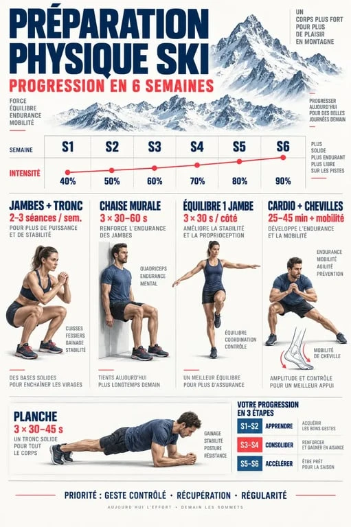 Infographie de préparation physique au ski avec programme de 6 semaines et exercices de renforcement