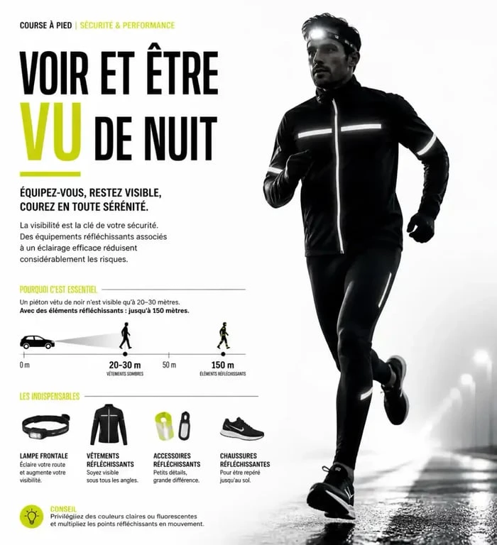 Accessoires de sécurité et visibilité pour la course à pied nocturne : lampe frontale et éléments réfléchissants.