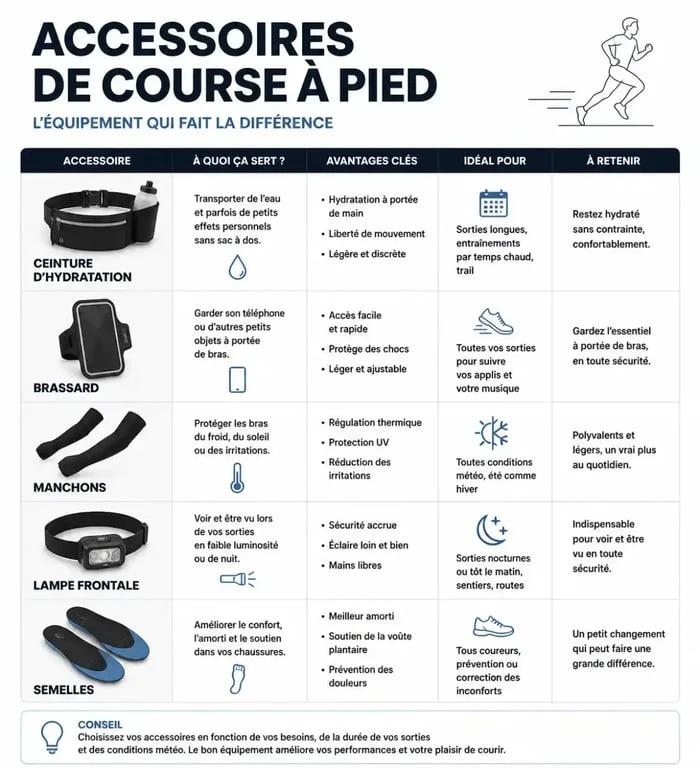 Infographie récapitulative des accessoires pour la course à pied : choisir son équipement selon l'usage et le terrain.