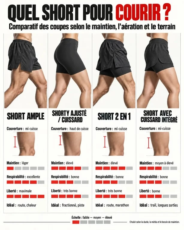Infographie comparative des coupes de shorty course à pied, du short ample au short 2 en 1
