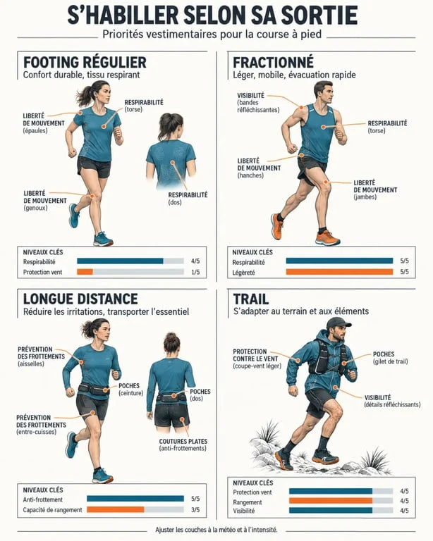 Infographie sur le vêtement de course à pied selon le type de séance