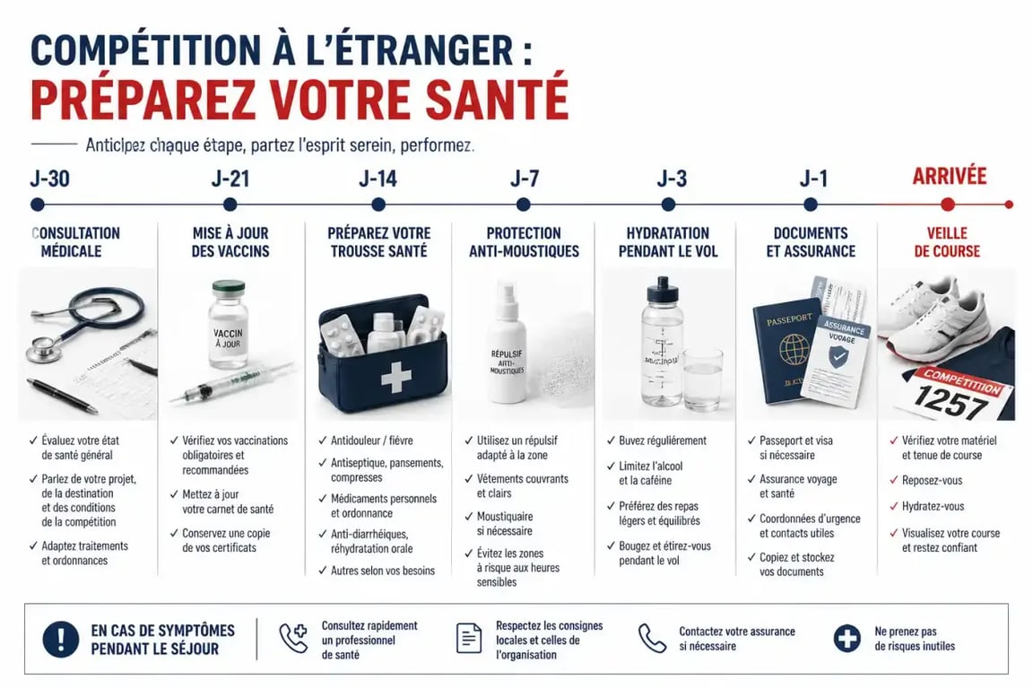 Préparer sa santé pour une compétition sportive à l'étranger avec frise de préparation J-30 à J0