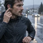 Ecouteur course a pied : coureur en ville, maintien oreille, trottoir humide