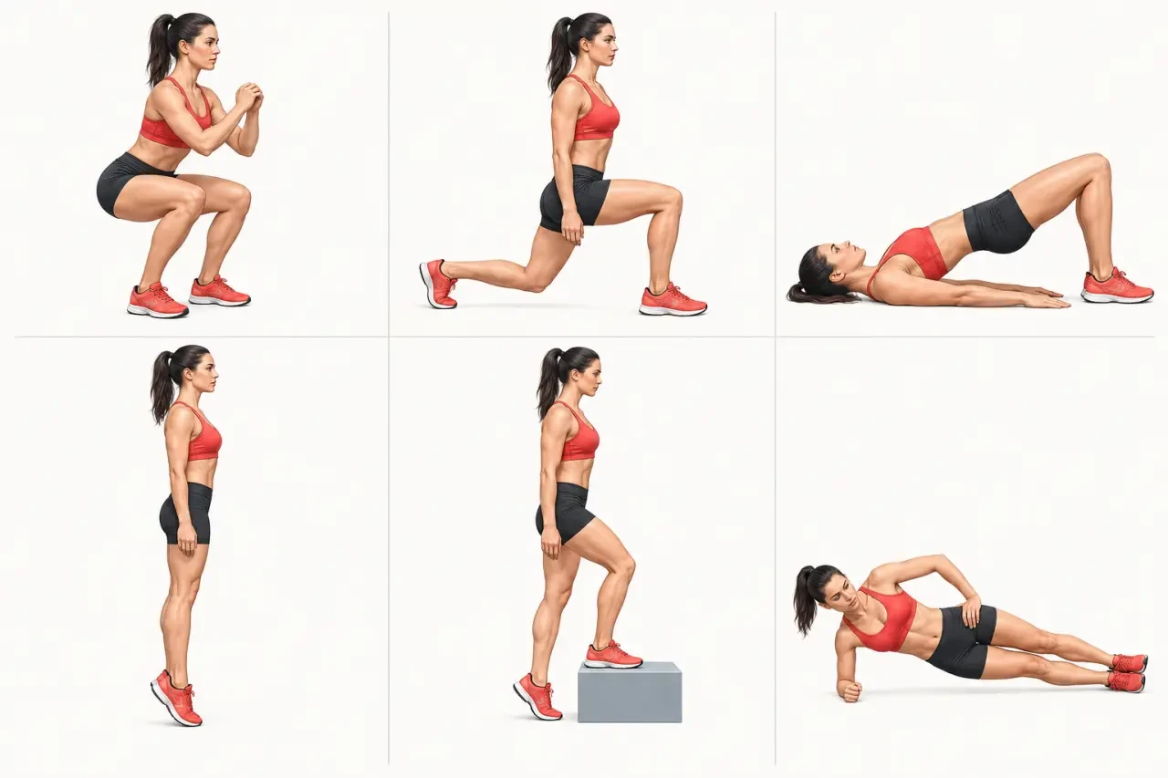 Six exercices de renforcement musculaire pour la course à pied : squat, fente, pont fessier, mollets, step down et gainage
