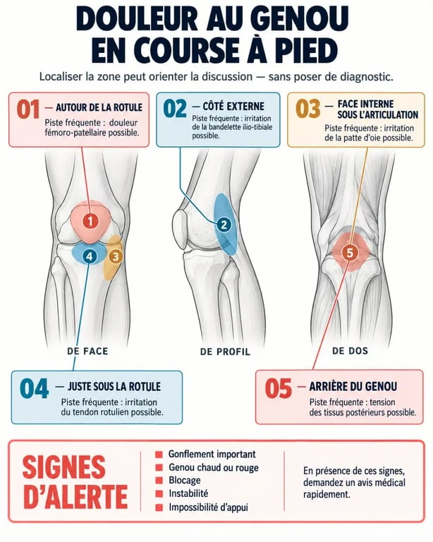 Infographie sur la douleur genou course pied selon la zone douloureuse et les signes d’alerte