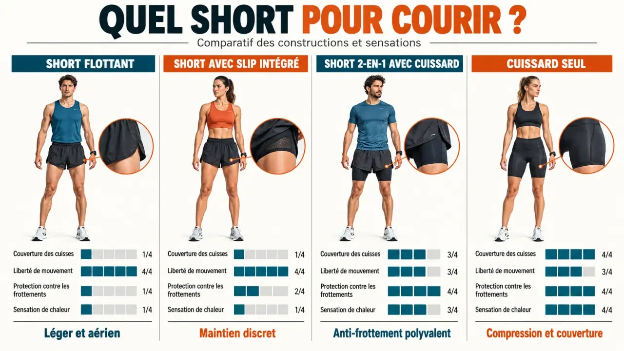 Short course a pied : comparaison des constructions flottante, avec slip intégré, 2-en-1 et cuissard