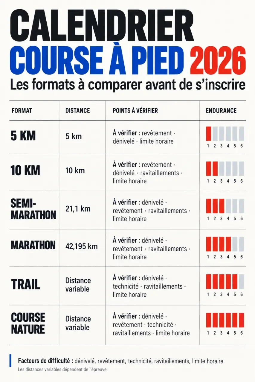 Infographie du calendrier course a pied 2026 comparant les distances et critères de difficulté