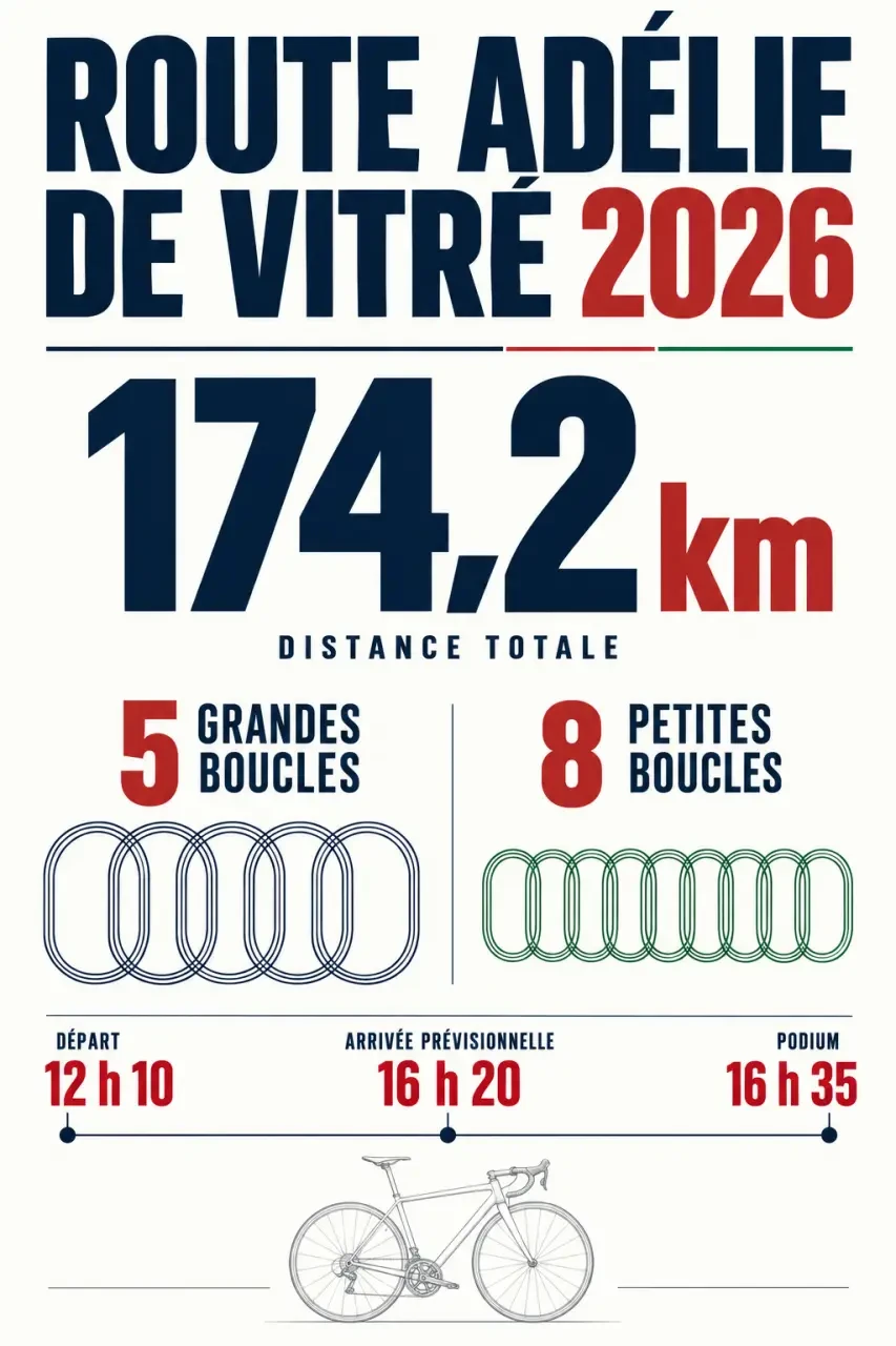 Infographie des horaires et du parcours de la Route Adélie de Vitré 2026