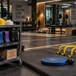 Matériel préparation physique en salle : tapis, balance, élastiques et accessoires