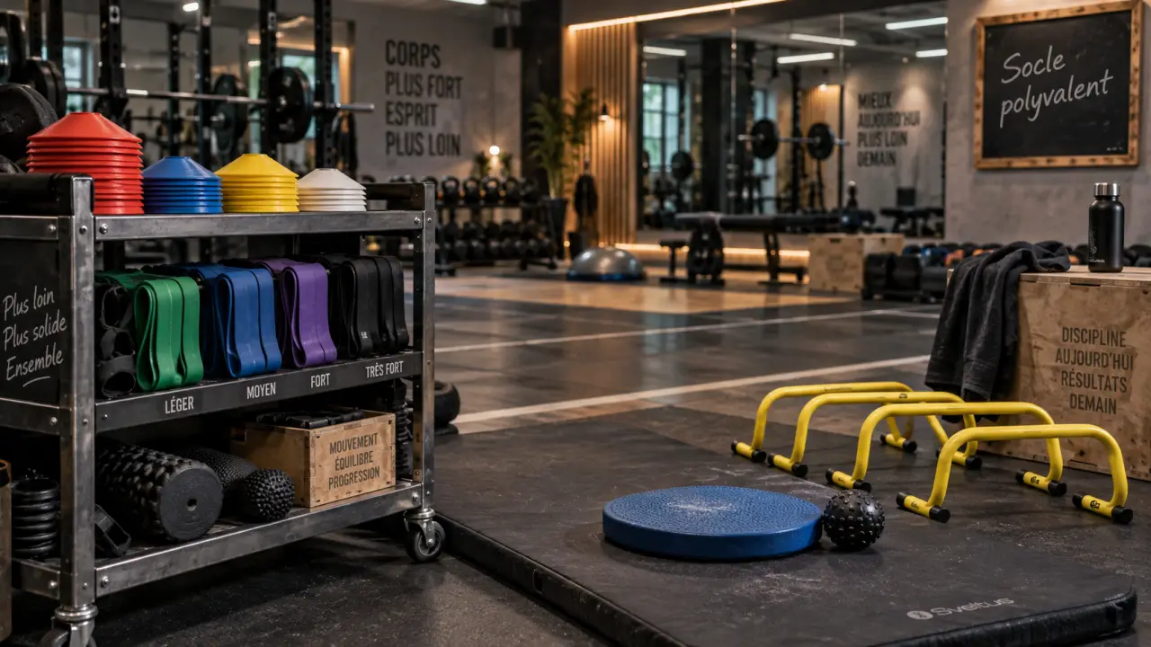 Matériel préparation physique en salle : tapis, balance, élastiques et accessoires