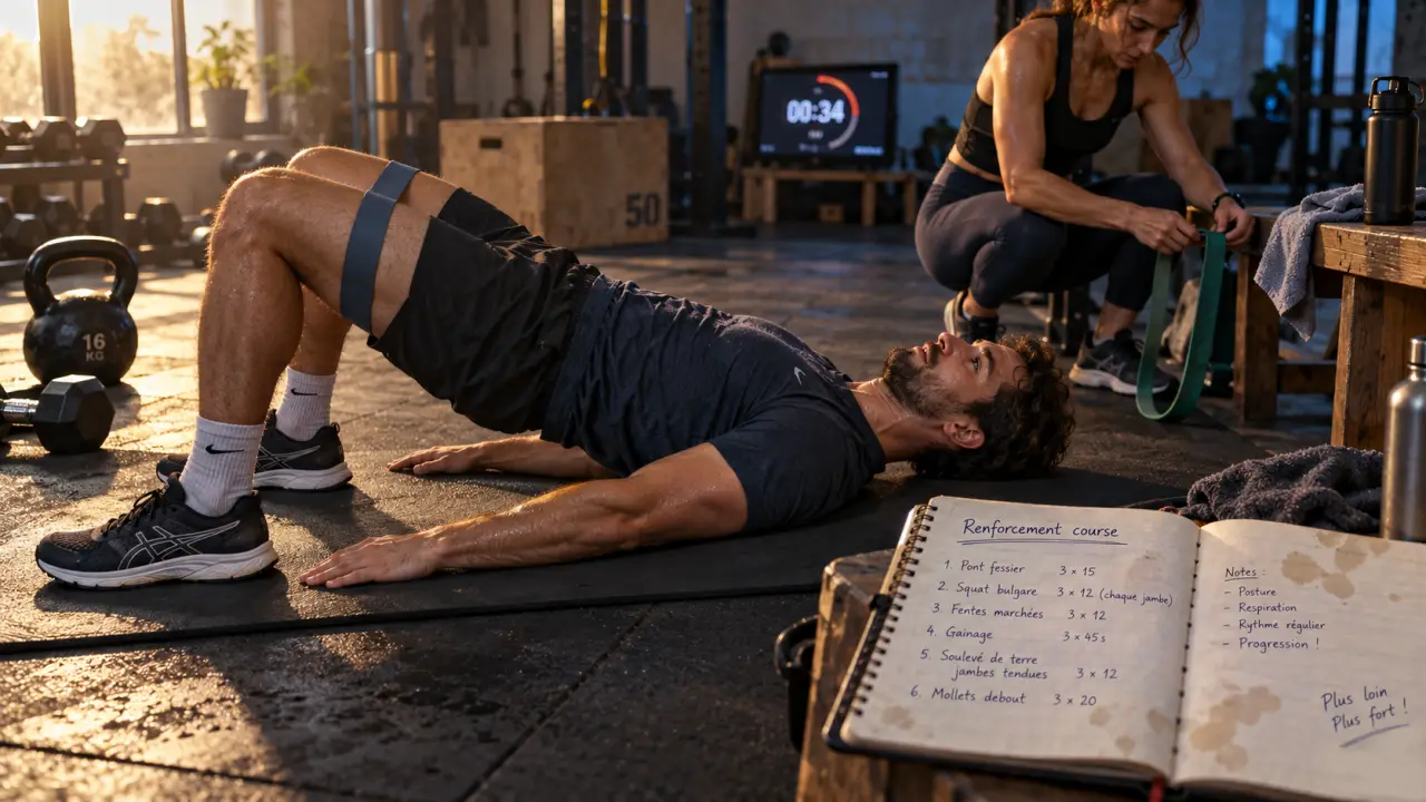 Renforcement musculaire course a pied : pont fessier sur tapis fitness