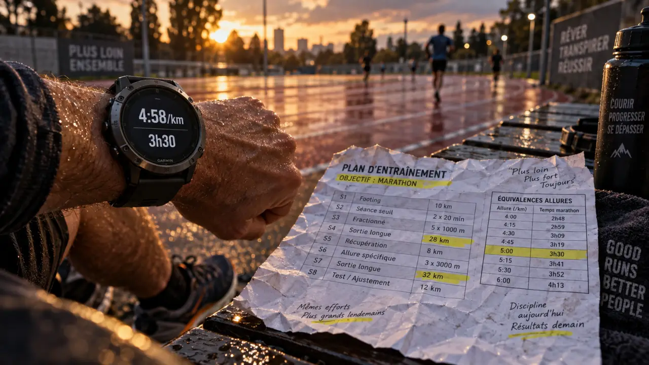 Temps course à pied : montre GPS affiche 4:58/km, marathon